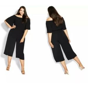 New City Chic Womans Off Shoulder Jumpsuit Black Sz 16 Crop Tie Waist NWT